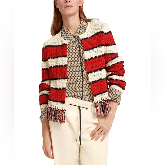 Marc Cain Red Striped Organic Cotton Cardigan Fringe Hem Knit Germany Size 6 - Picture 1 of 16